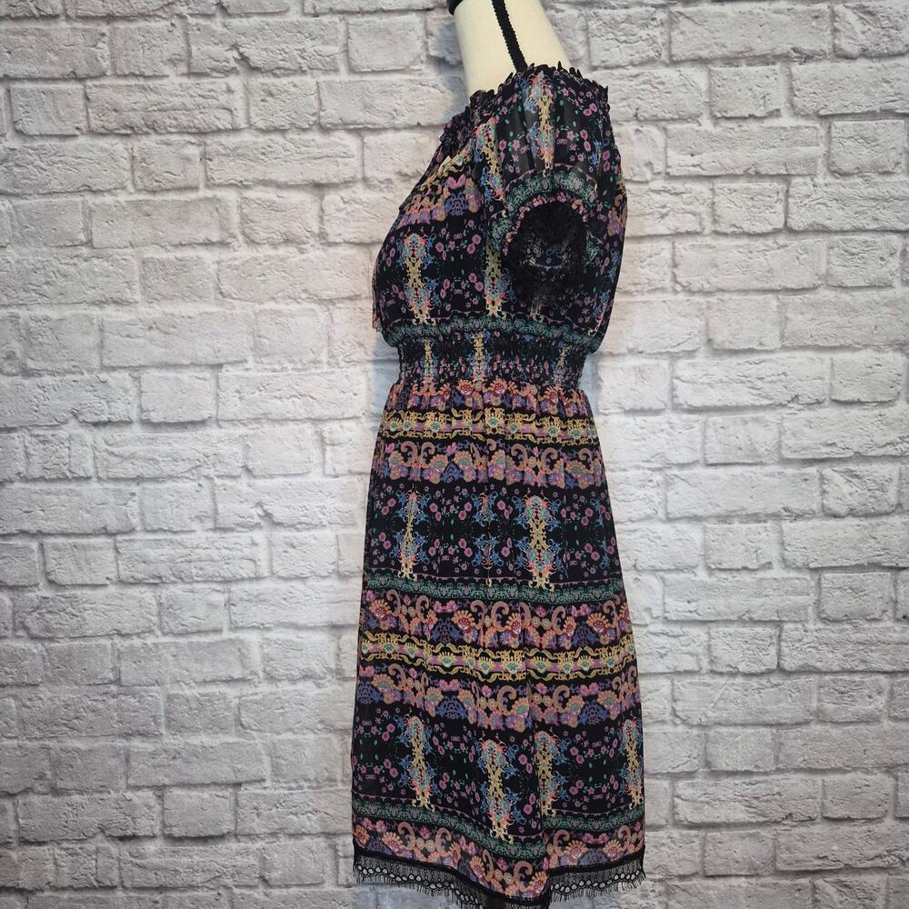 Sui Anna Sui Smocked Boho Peasant Dress Black Lace Multicolor Tribal Print Sz S - Picture 7 of 11